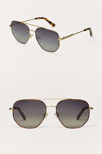 Highway polarized sunglasses with gold frame, tortoise temples, dark gradient lenses