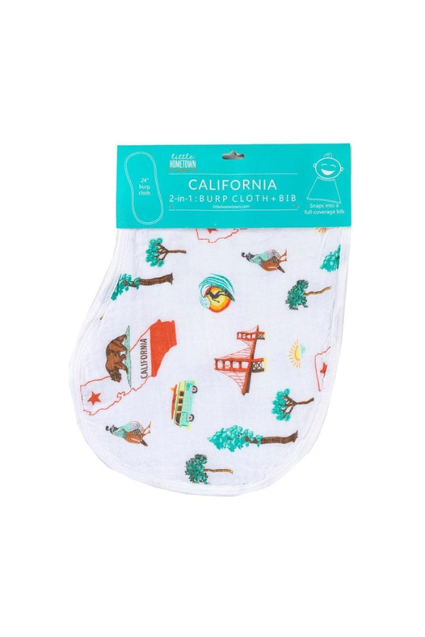 BURP CLOTH & BIB IN CALIFORNIA FRONT VIEW IN PACKAGING