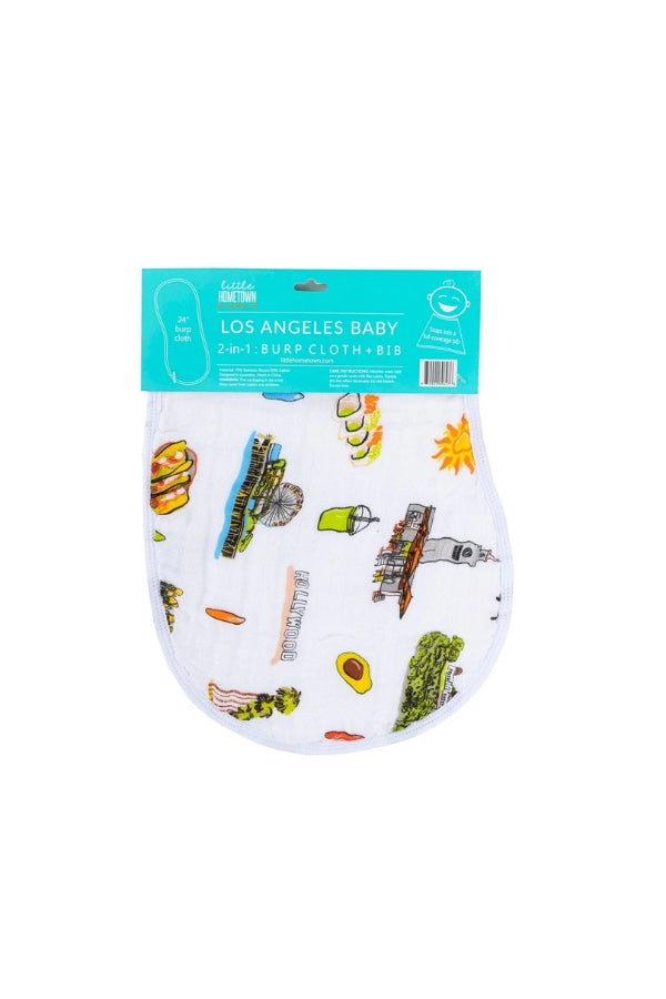 BURP CLOTH & BIB IN LOS ANGELES FRONT VIEW IN PACKAGING