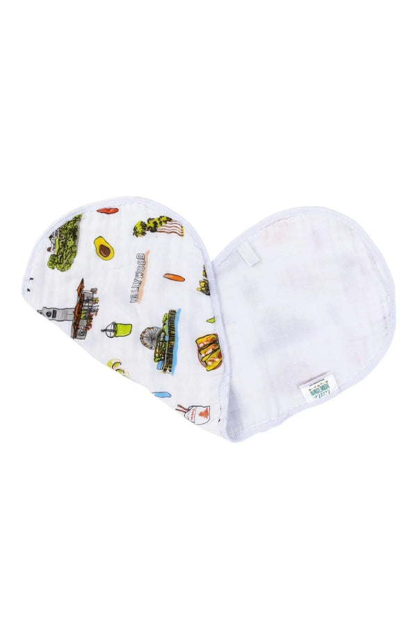 BURP CLOTH & BIB IN LOS ANGELES FRONT AND INSIDE VIEW OPEN
