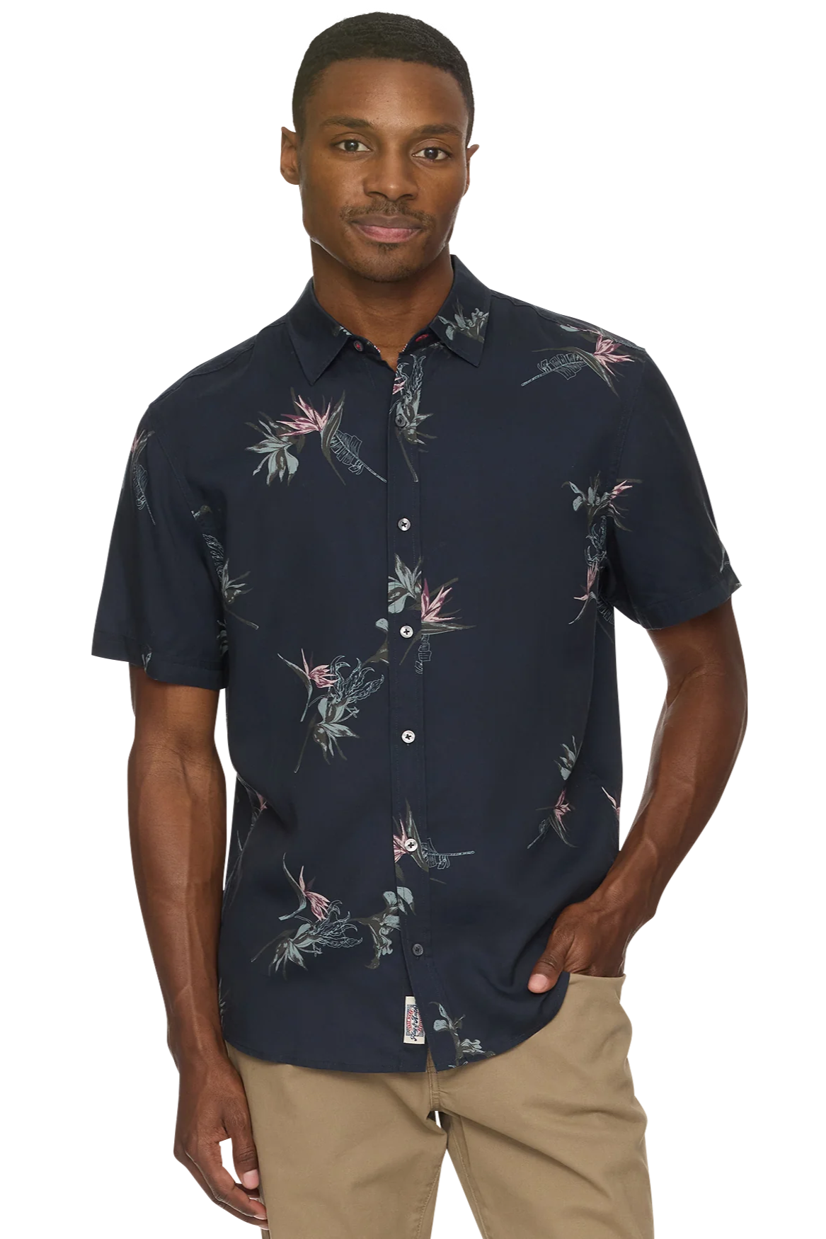 Charleston short sleeve button down shirt in tropic navy combo front view