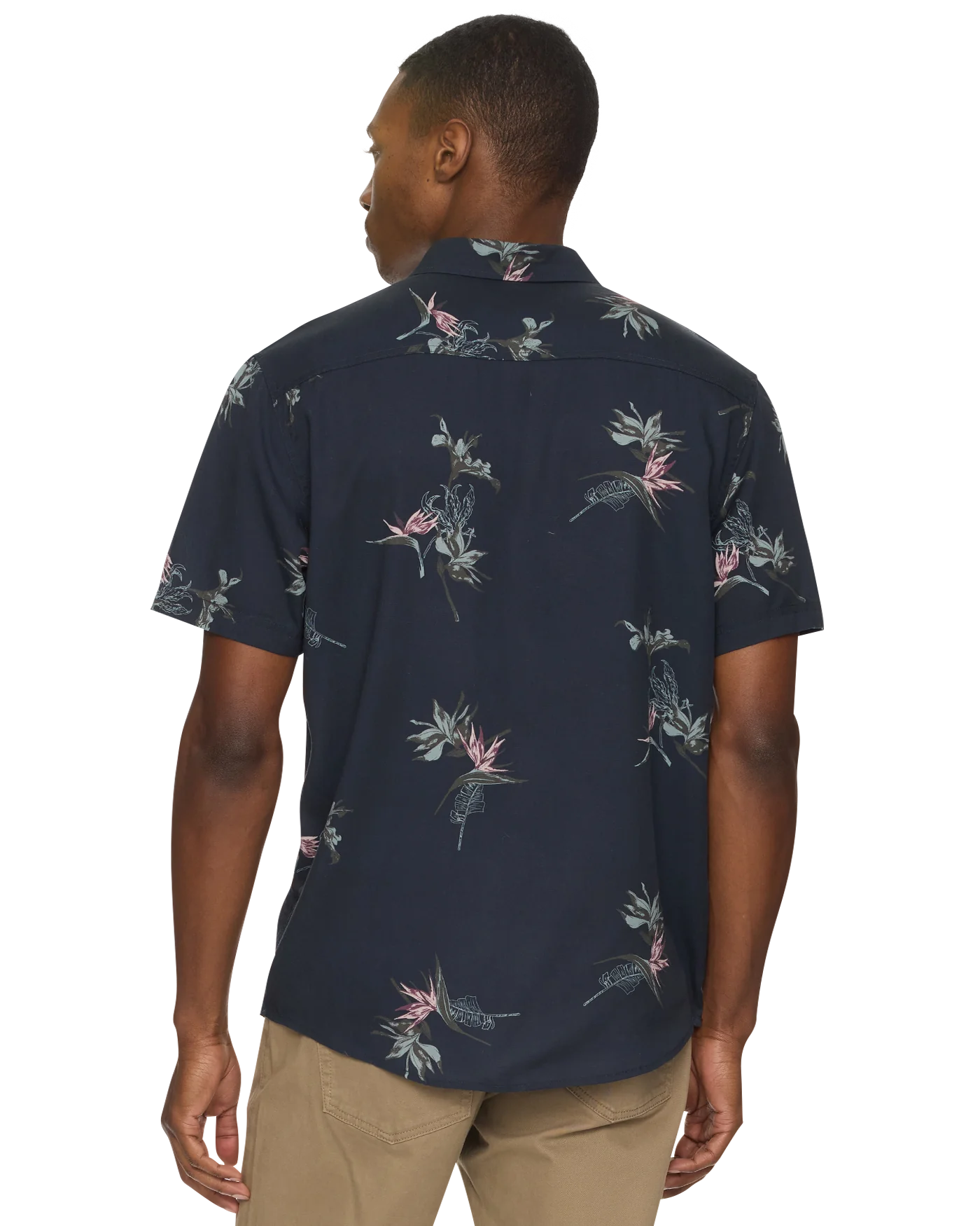 Charleston short sleeve button down shirt in tropic navy combo back view