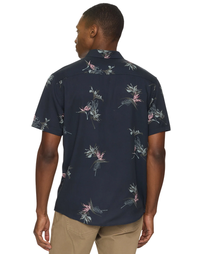 Charleston short sleeve button down shirt in tropic navy combo back view