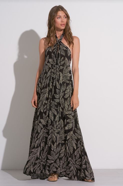 Halter maxi dress in Black Cartgena front view