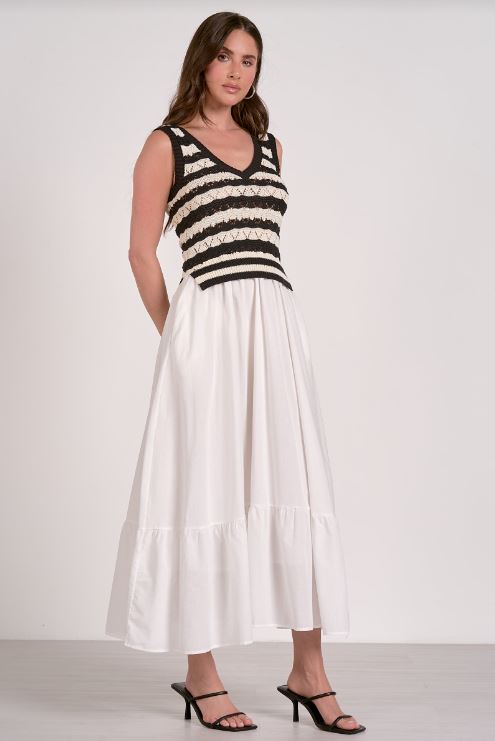Woven knit midi dress top black white stripe skirt white front view