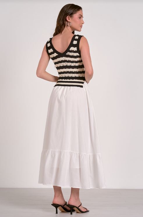 Woven knit midi dress top black white stripe skirt white back view