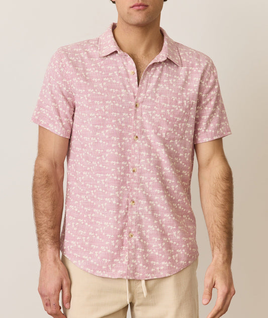 Classic stretch selvage shirt in lilas palm print front view