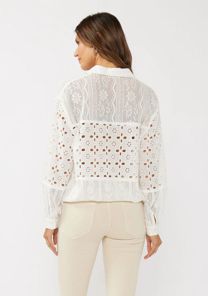 Patchwork lace cutout shirt in off white back view