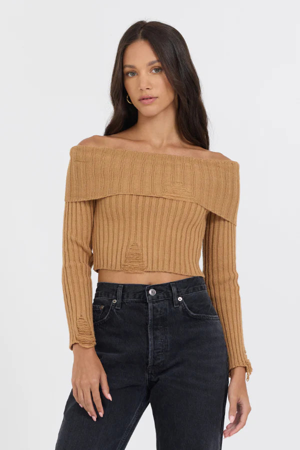 Distressed off the shoulder sweater in caramel front view
