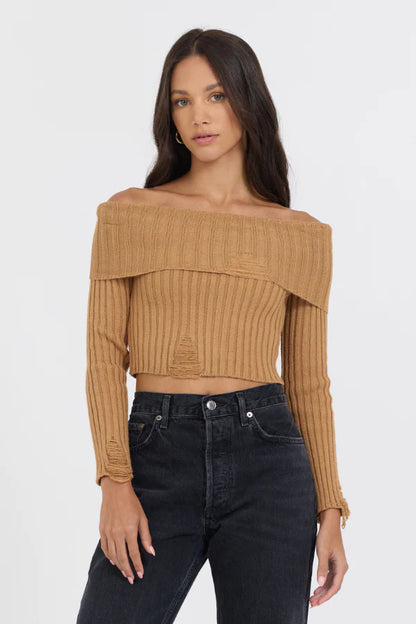 Distressed off the shoulder sweater in caramel front view