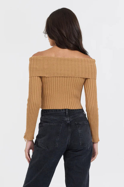 Distressed off the shoulder sweater in caramel back view
