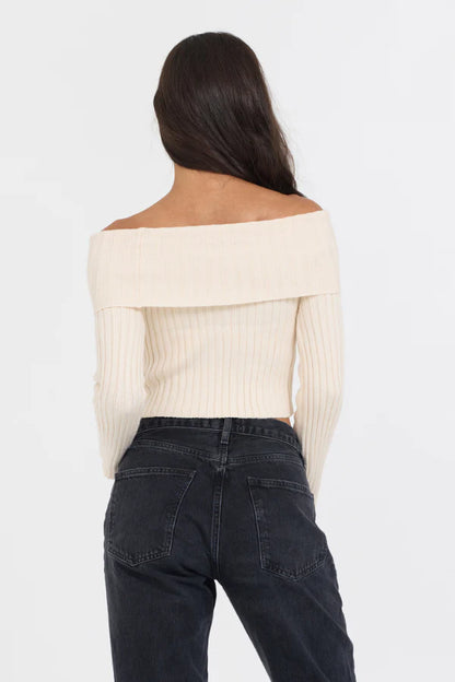 Distressed off the shoulder sweater in ivory back view