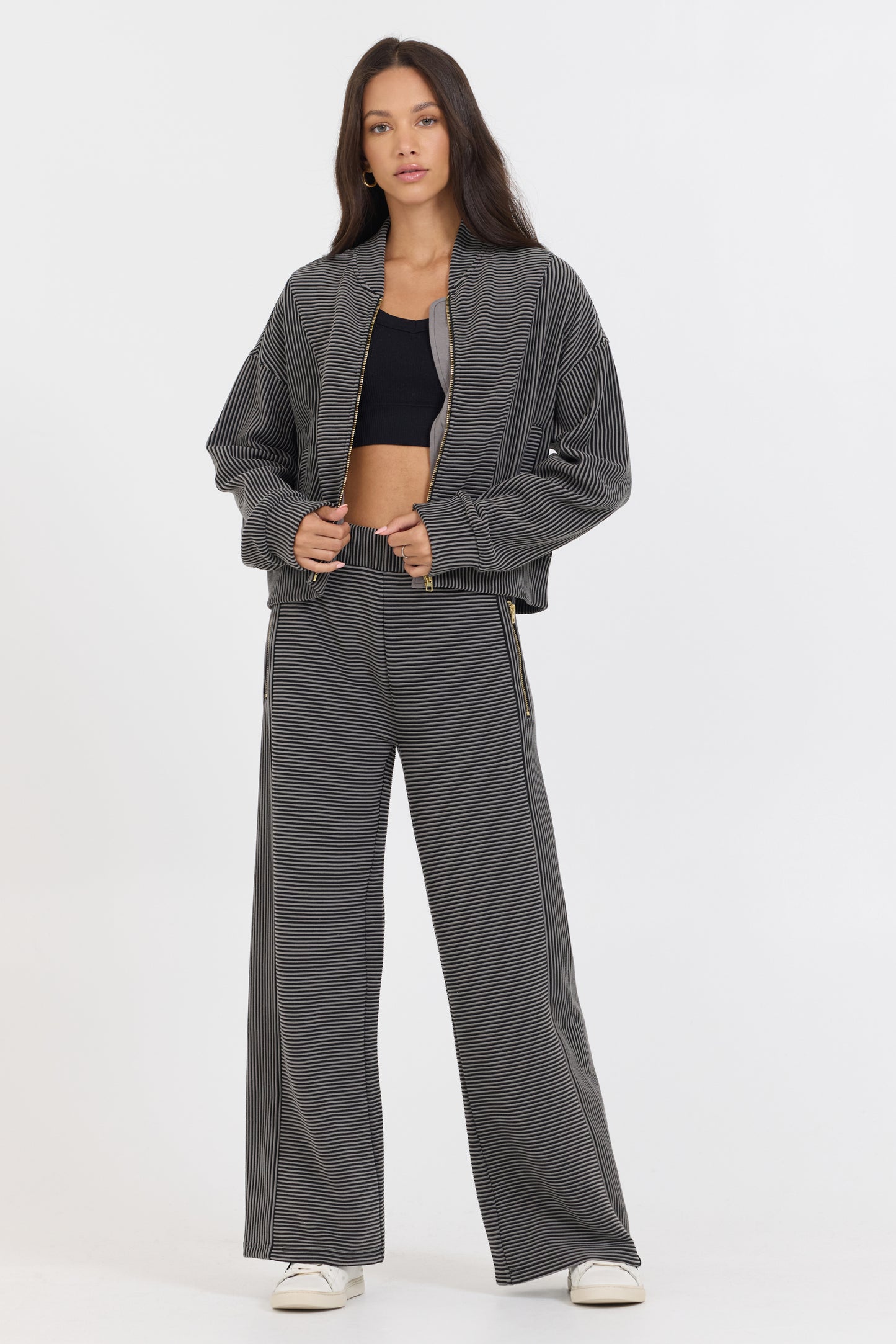 Stripe cord fleece jacket in charcoal black combo front view