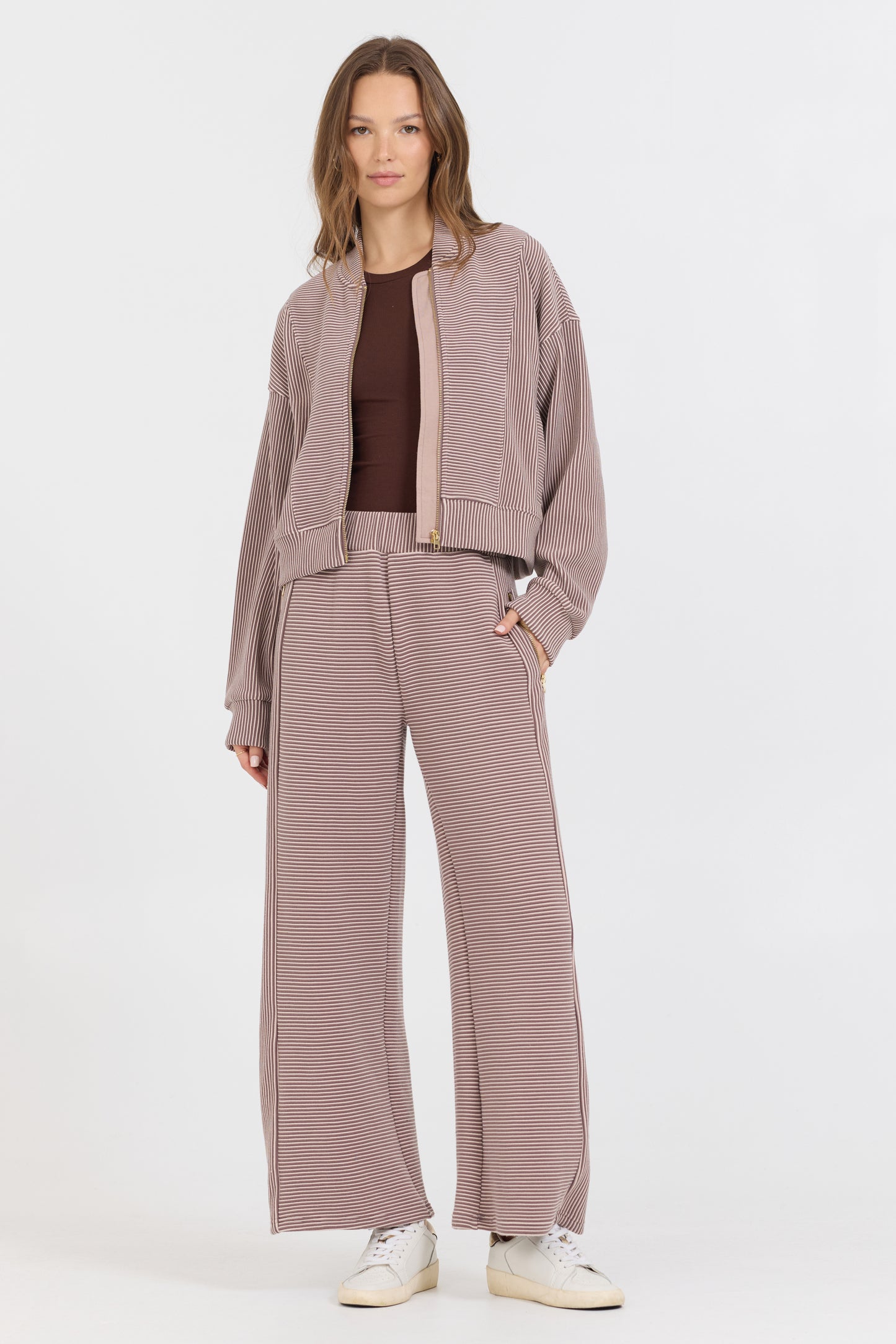 Stripe cord fleece jacket in chestnut ivory combo front view