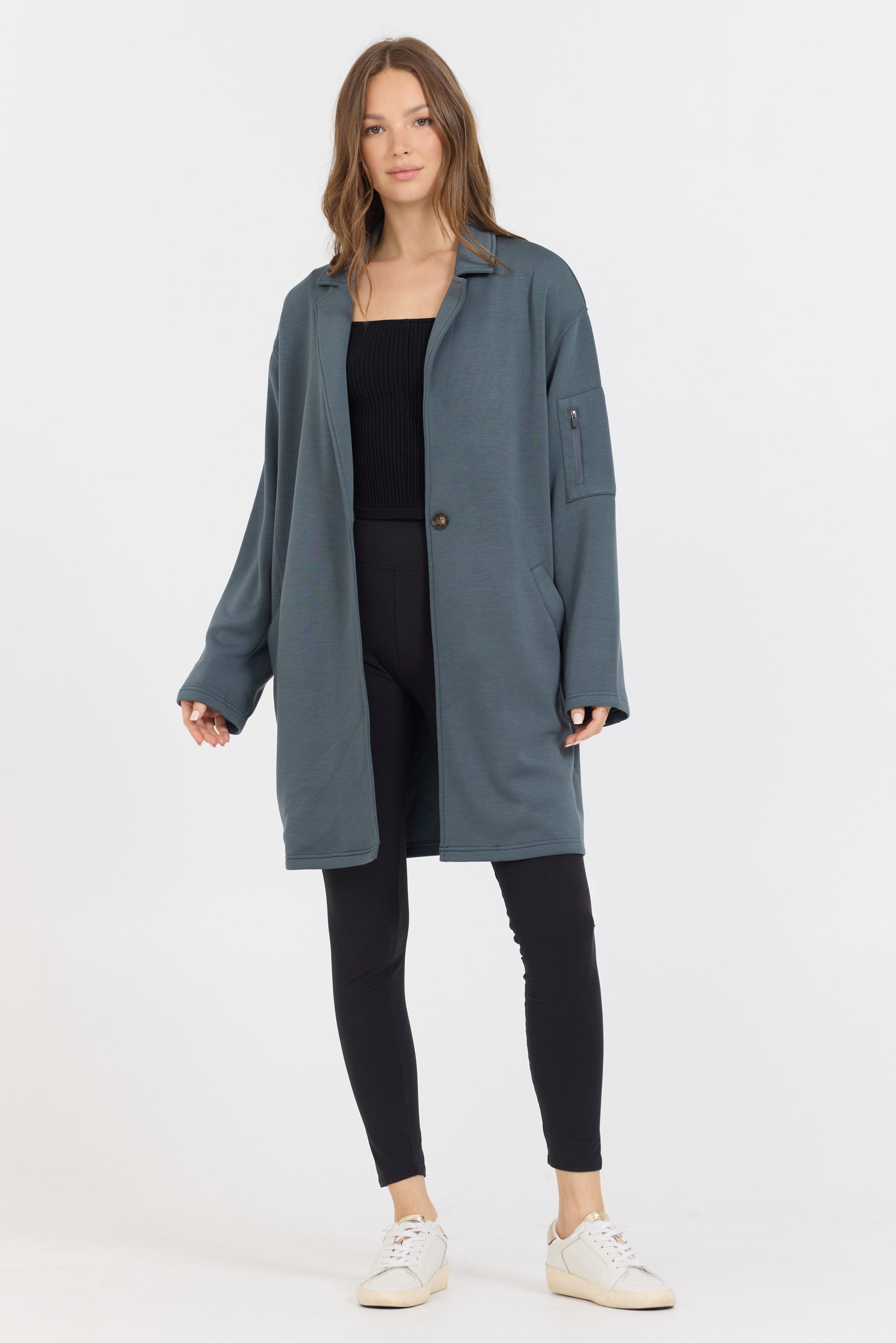 Heavy cloud trench jacket in mountain grey front view