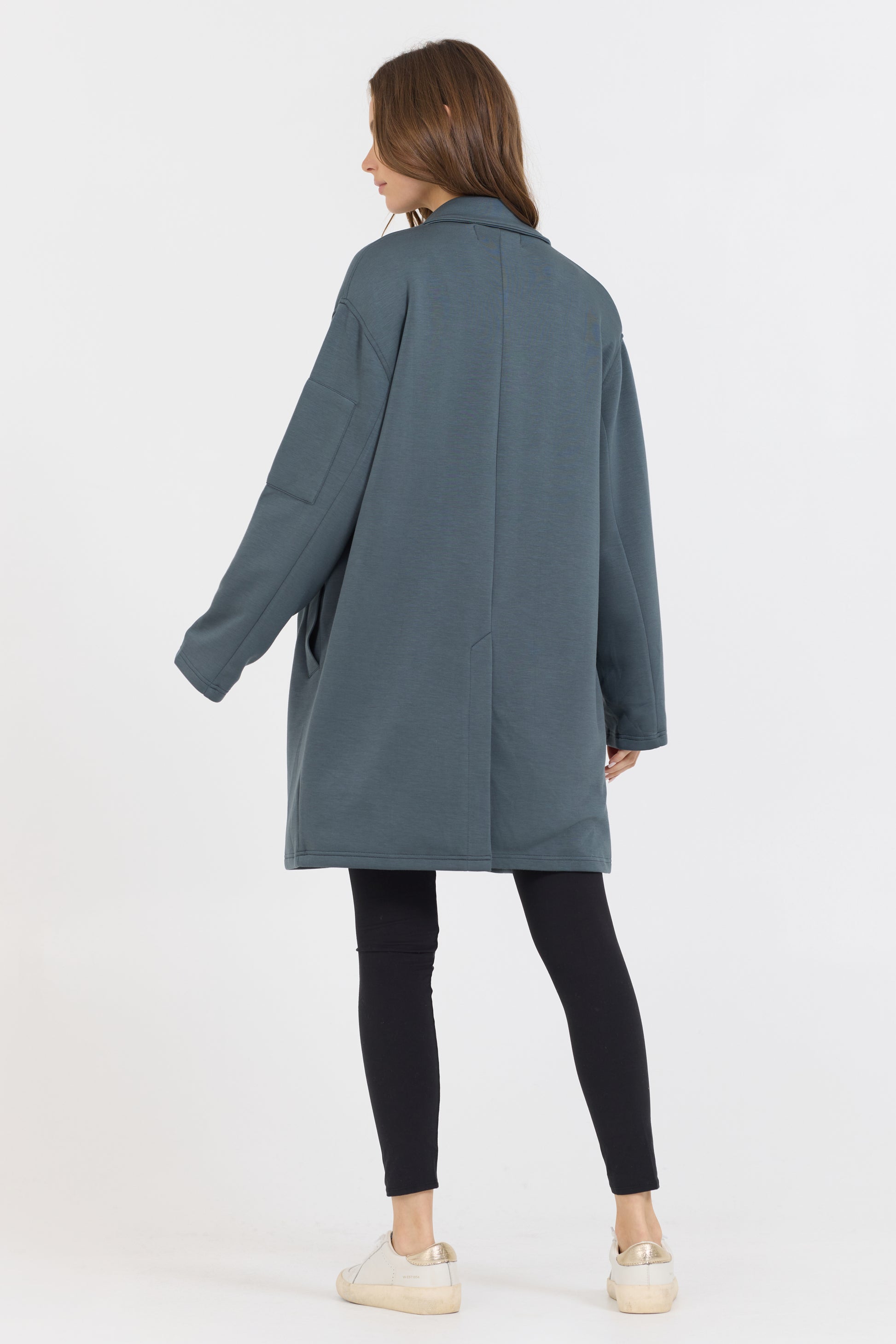 Heavy cloud trench jacket in mountain grey back view