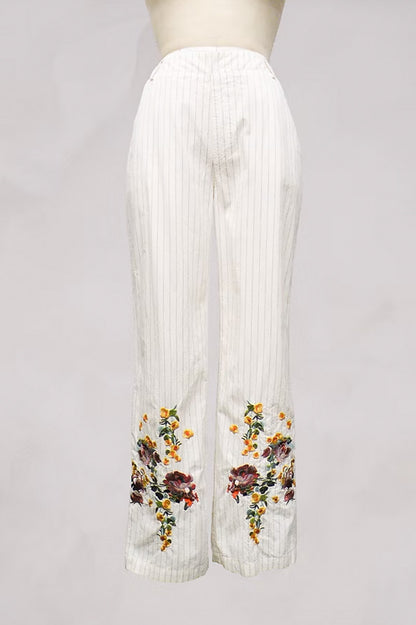 Woven pin stripe emb trim pant front view
