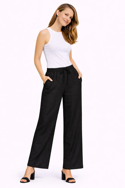 Black linen wide-leg pants with elastic waistband and drawstring, relaxed straight legs
