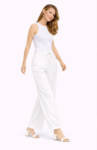 White linen wide-leg pants with elastic waistband and drawstring, loose ankle length