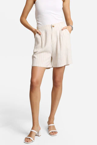STRIPED LINEN SHORTS IN BEIGE FRONT VIEW