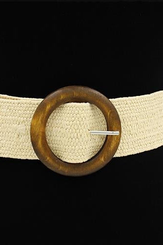 Elastic belt with ivory woven strap and round wooden buckle