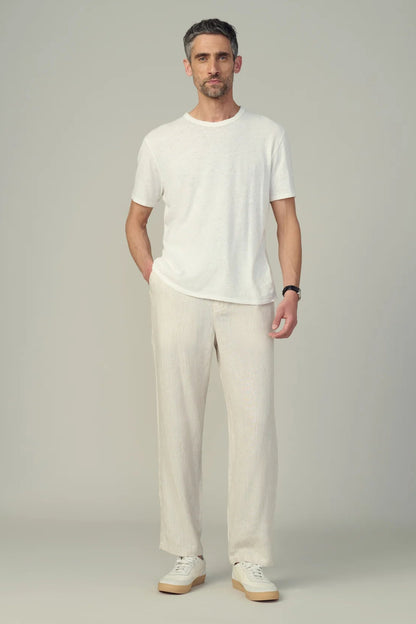 CLARKSON LINEN STRIPED PANT IN FLAX STRIPE FRONT VIEW