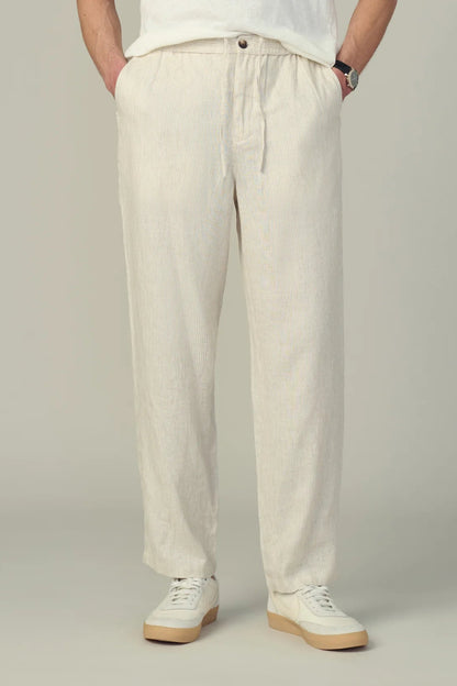 CLARKSON LINEN STRIPED PANT IN FLAX STRIPE FRONT VIEW CLOSEUP