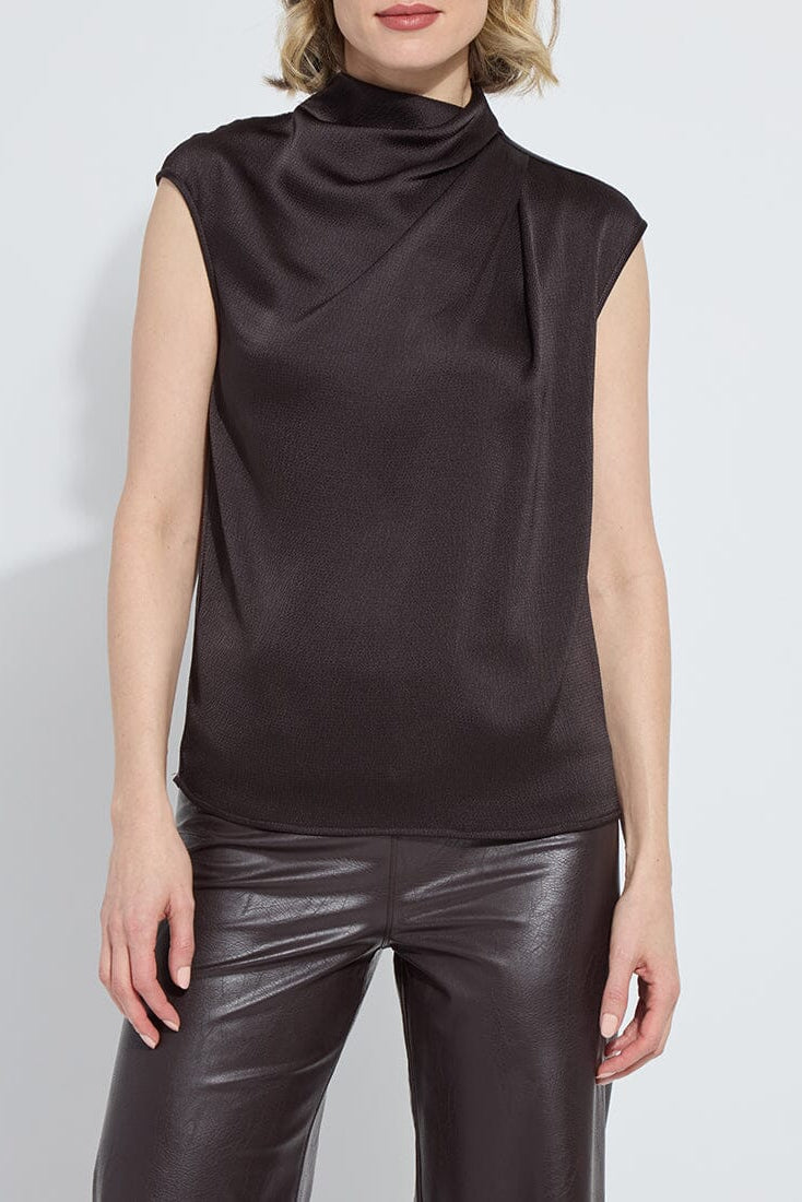 AISHA HIGH NECK DRAPED BLOUSE IN DOUBLE ESPRESSO FRONT VIEW
