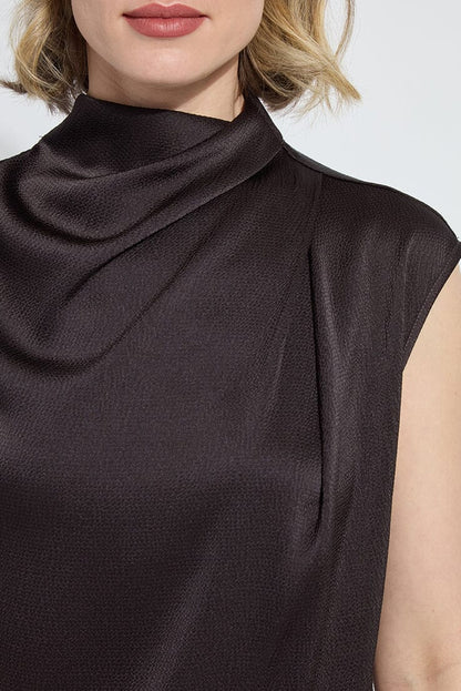 AISHA HIGH NECK DRAPED BLOUSE IN DOUBLE ESPRESSO FRONT DETAIL VIEW