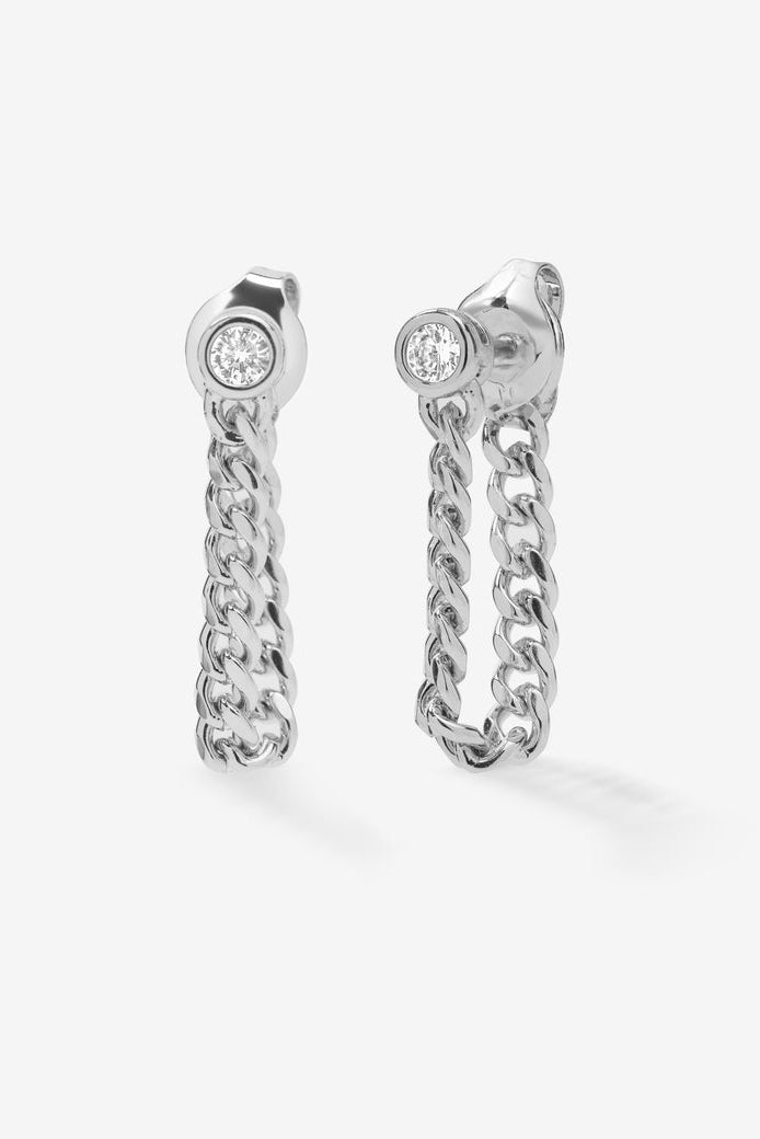 Silver-tone chain hoop earrings with round clear-stone tops