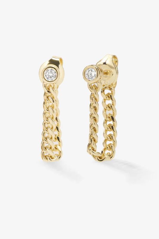 Gold baby chain hoop earrings with round crystal tops and dangling link chains