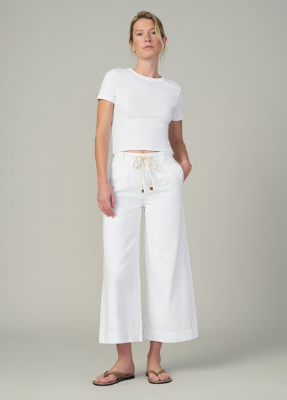 THE ADDISON PANT in white: wide-leg crop pants with drawstring waist.