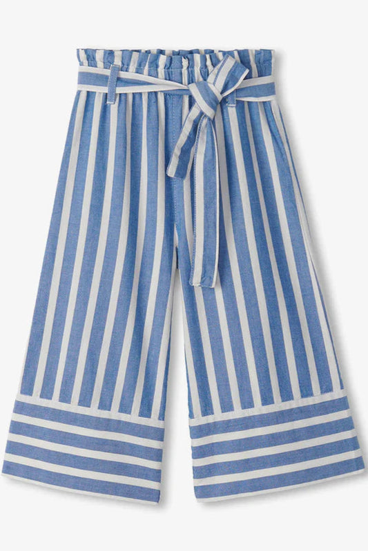 Striped cropped paperbag pants in blue front view