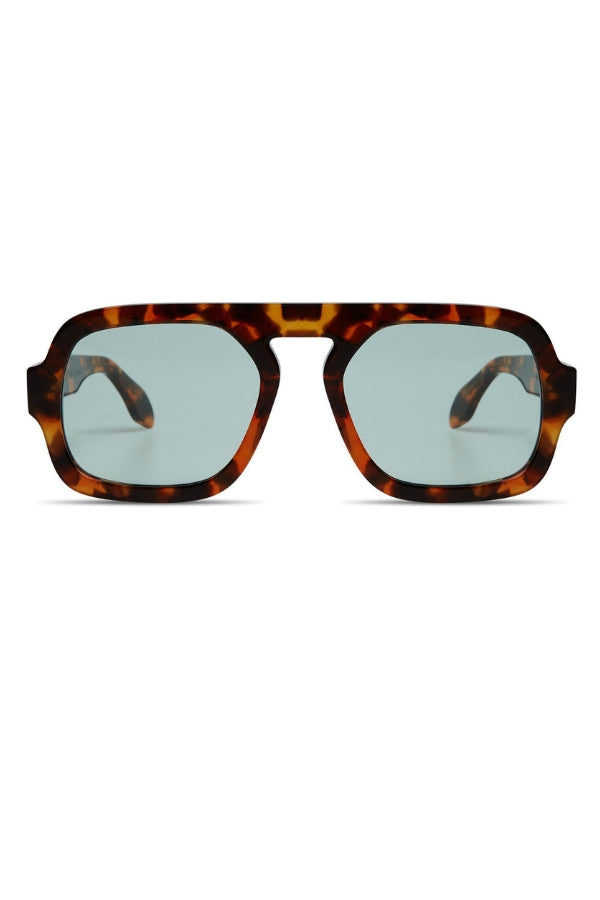 Sunglasses with brown tortoiseshell frame and light blue lenses