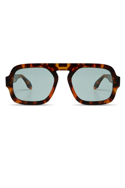 Sunglasses with brown tortoiseshell frame and light blue lenses