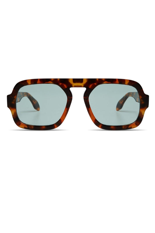 Sunglasses with brown tortoiseshell frame and light blue lenses