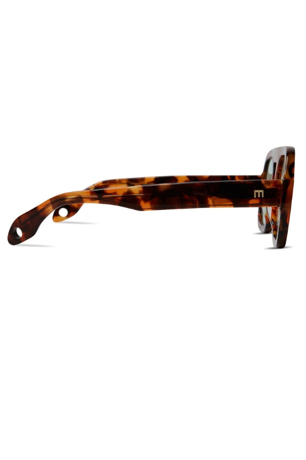 Brown tortoiseshell sunglasses, side profile with curved temple