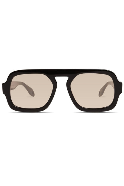 Sunglasses with glossy black frame and beige-tinted lenses