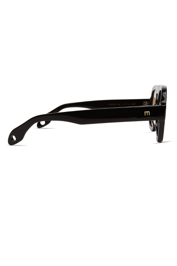 Black sunglasses side profile with curved temples and E logo
