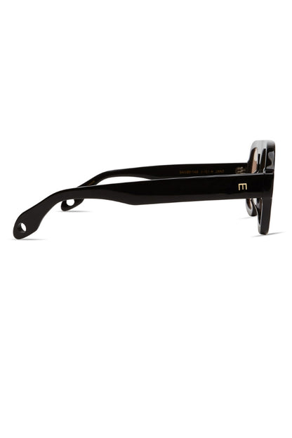 Black sunglasses side profile with curved temples and E logo