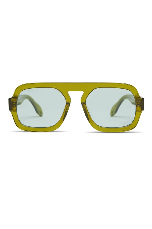 Sunglasses with olive green frame and light blue lenses