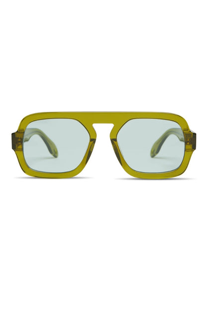 Sunglasses with olive green frame and light blue lenses