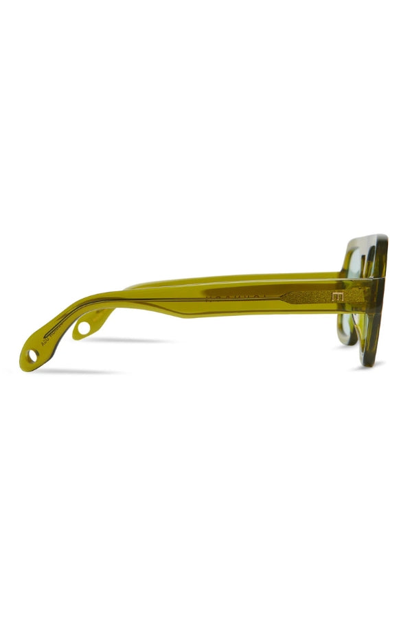 Olive green sunglasses, side profile with curved temples and E logo