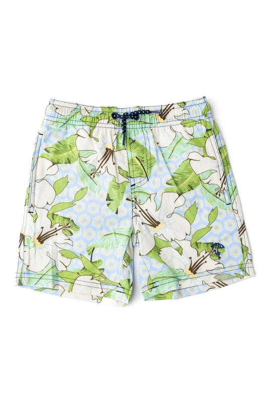 HIBISCUS BOTANICAL SWIM TRUNKS IN BLUE FRONT VIEW