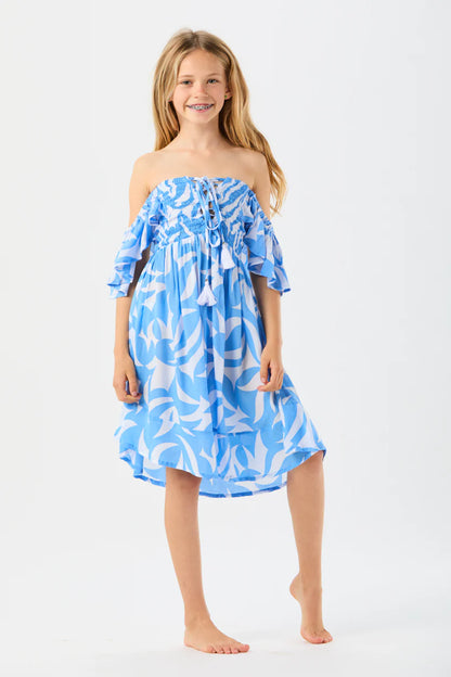 Happiness mini dress in abstract geo sky front view