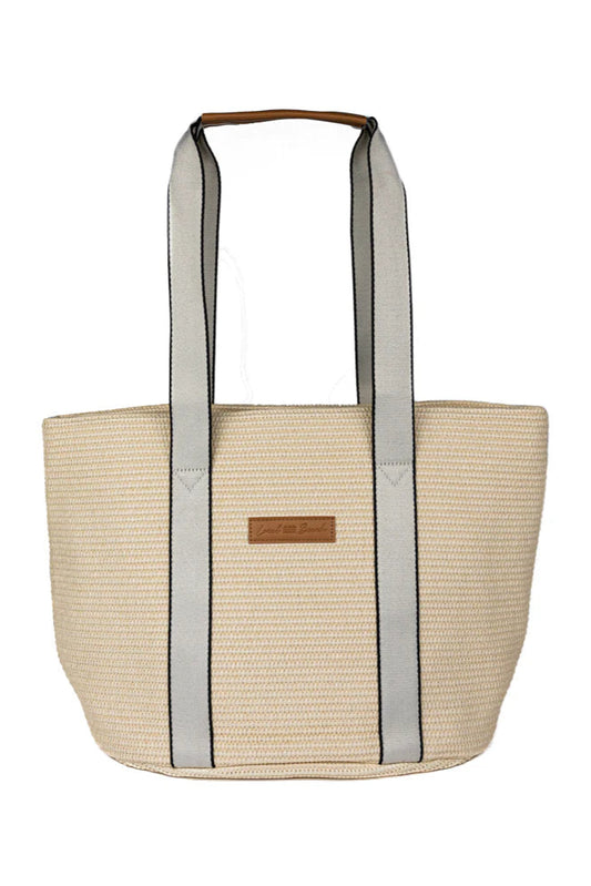 Local beach raffia woven tote in off white and grey front view