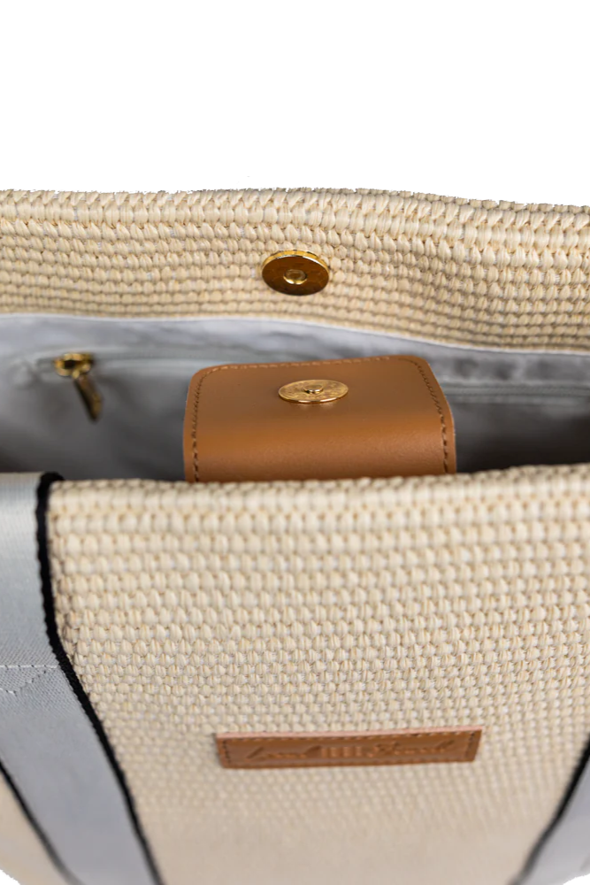Local beach raffia woven tote in off white and grey inside view