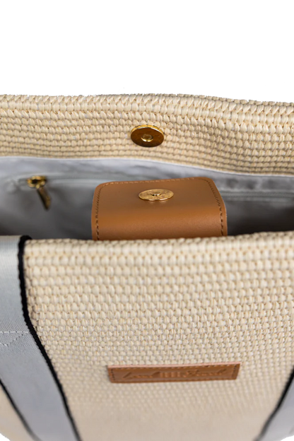 Local beach raffia woven tote in off white and grey inside view