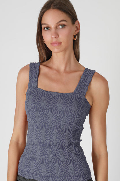 LACE TEXTURED SQUARE TOP IN CROWN BLUE FRONT VIEW