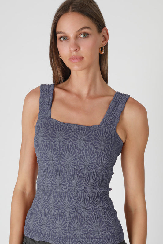 LACE TEXTURED SQUARE TOP IN CROWN BLUE FRONT VIEW